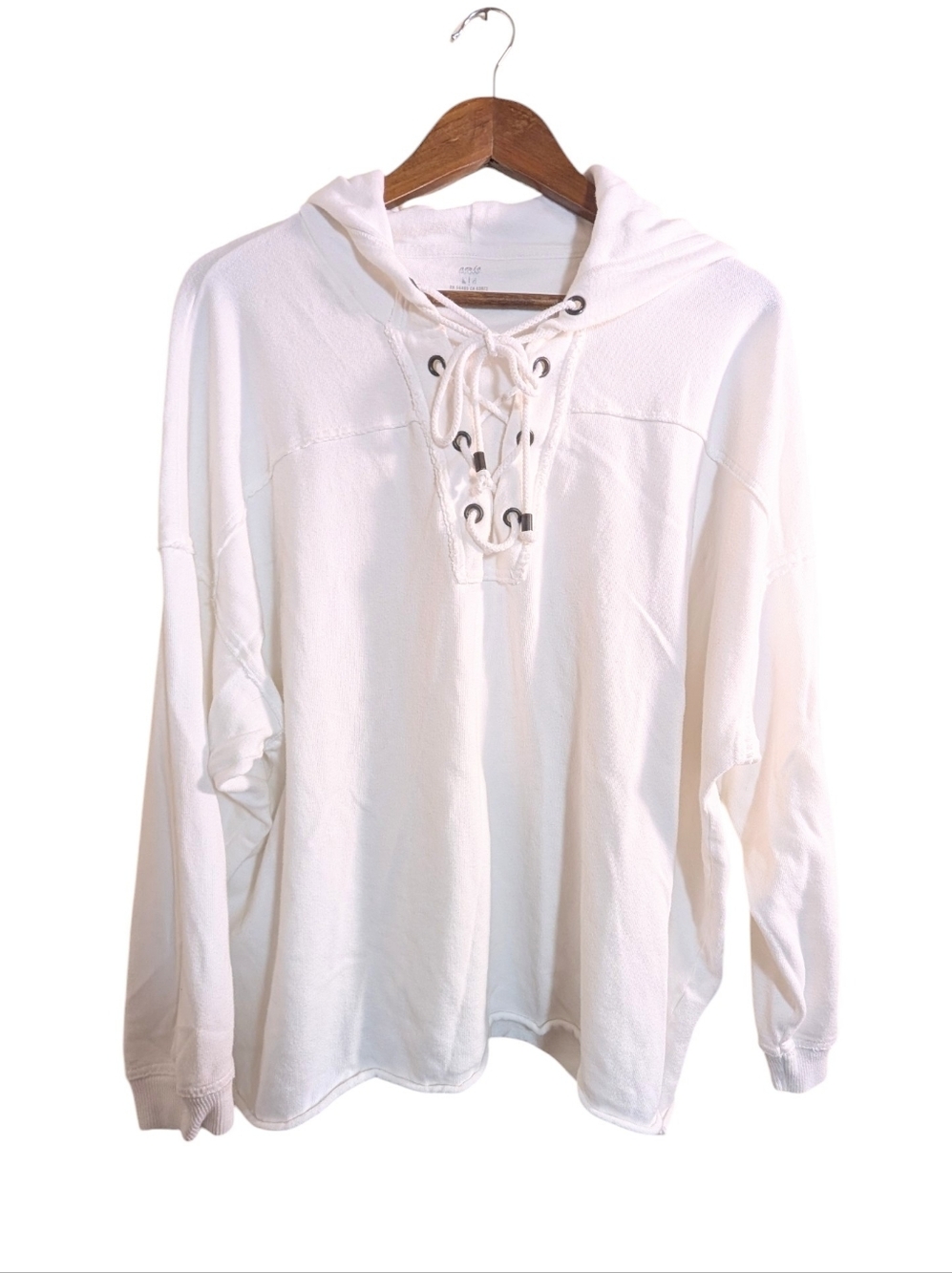 Aerie White Oversized Cotton Lace Up Hoodie Pullover Sweatshirt - Picture 2 of 8